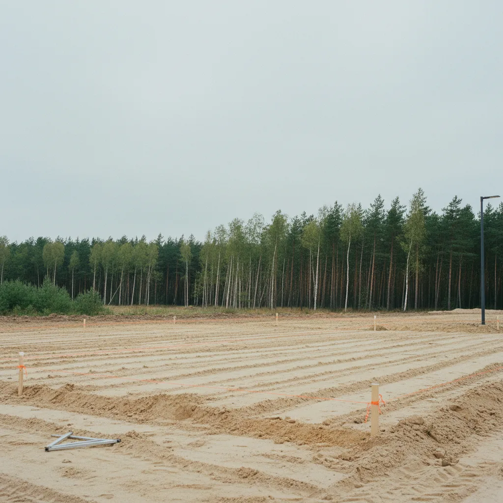 Vermessenes Baugrundstück mit Holzpflöcken und Schnurzügen in Wittstock/Dosse